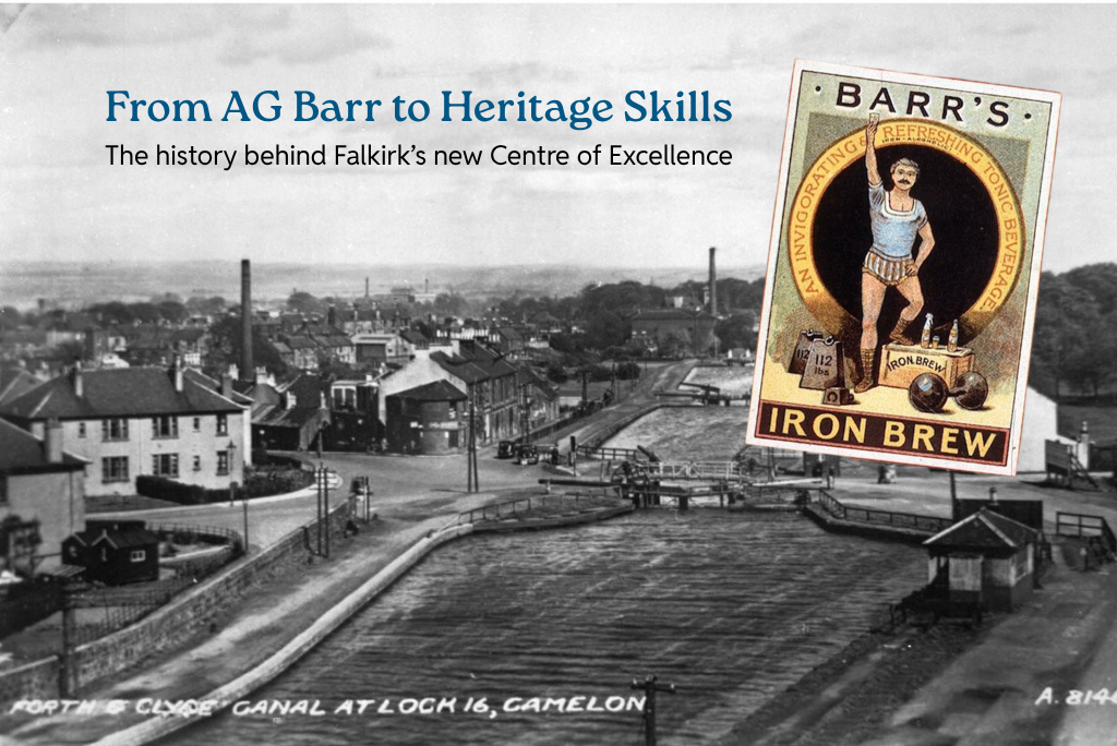 Black and white archive photo of a view over an industrial landscape and canal. Old iron brew logo and tect overlay: From AG Barr to Heritage Skills: The history behind Falkirk’s new Centre of Excellence"