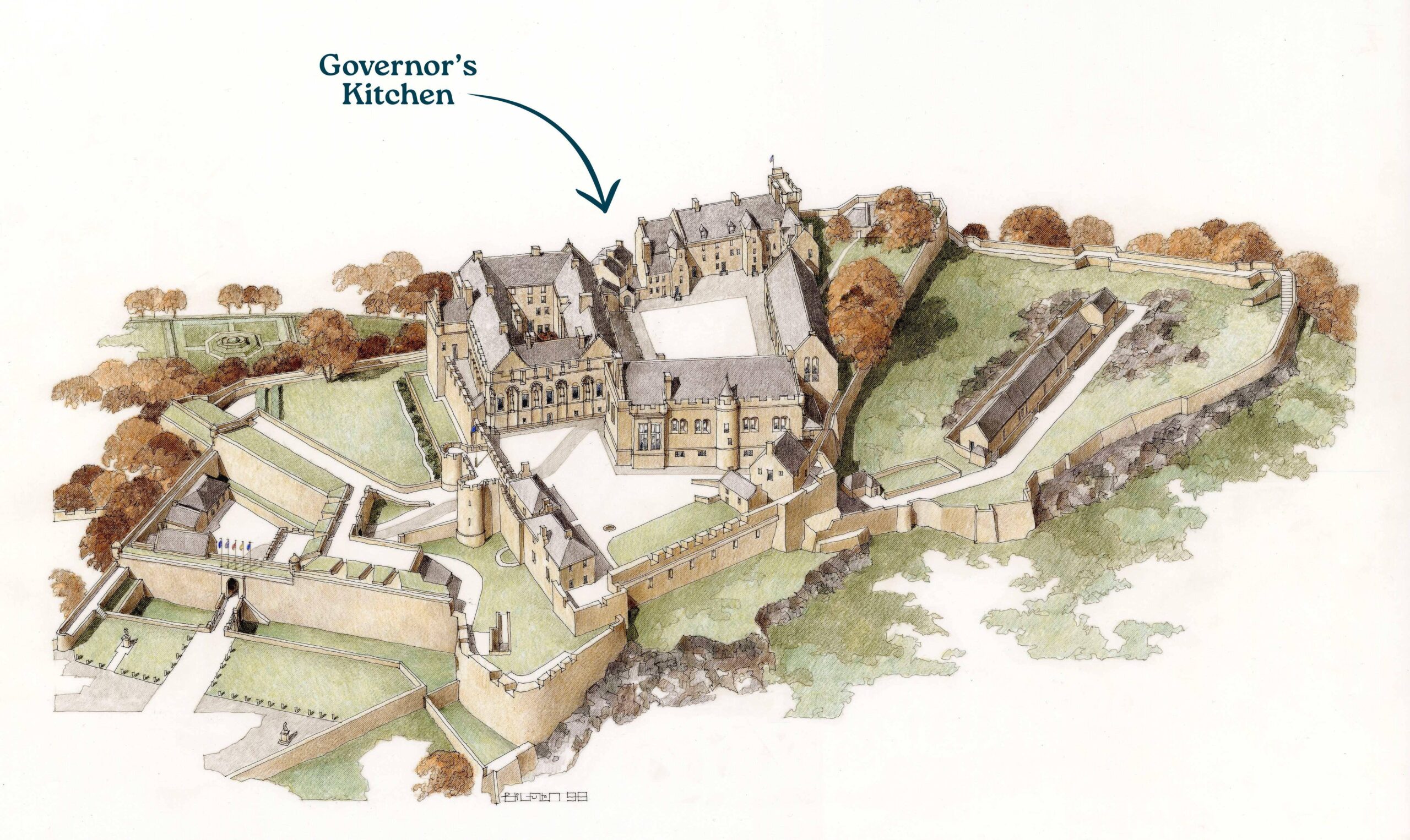 Aerial drawing of a castle in Autumn with an arrow pointing to the governer's kitchen. 