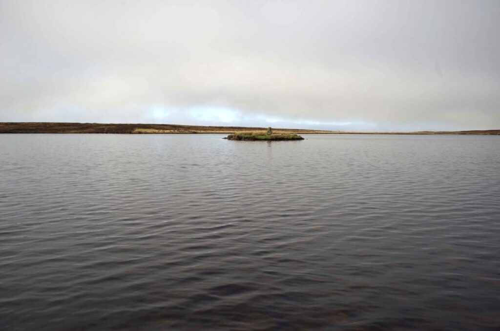 View across a loch towards a small crannog island, with a line of partially submerged stones extending from the shoreline towards the island.